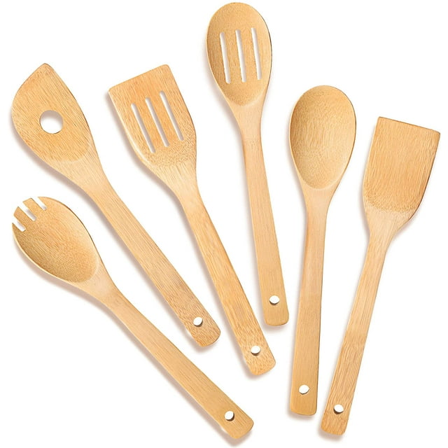 Cucharas de madera, espátulas y más para una cocina saludable Juego de 6 utensilios de cocina de bambú natural