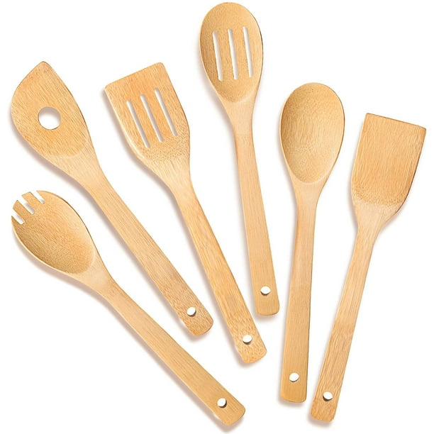 Juego de utensilios de cocina (6, bambú natural), cucharas de madera para cocinar, juego de espátulas, utensilios de madera para cocinar, utensilios de bambú, espátula de madera para cocinar Ormromra LT71