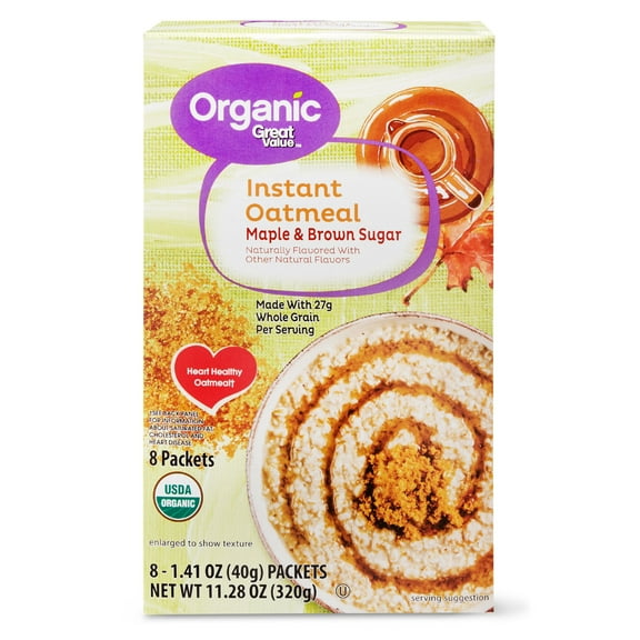 Great Value Organic Maple & Brown Sugar Instant Oatmeal, 11.28 oz, 8 Count