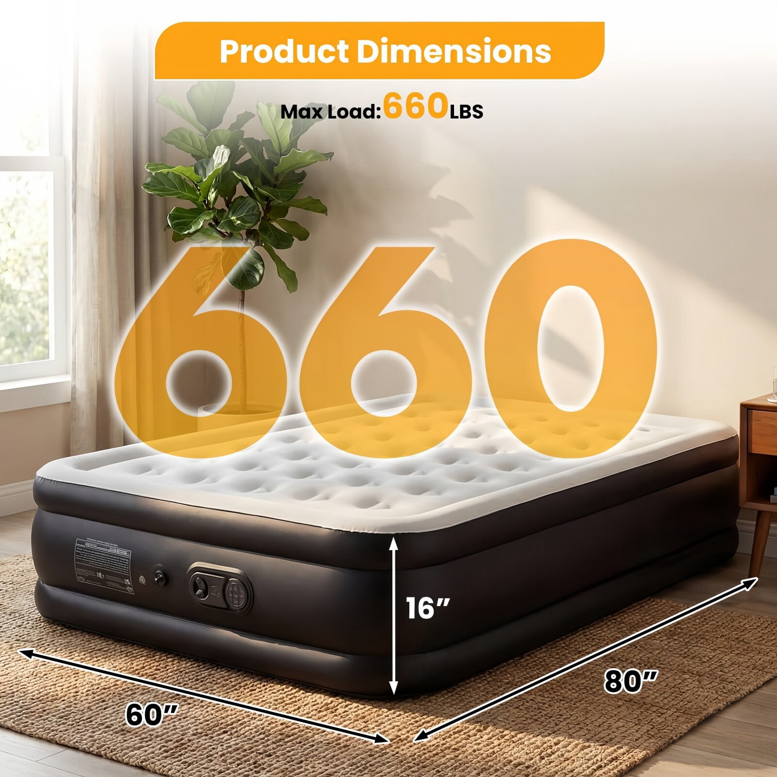 Kelno Air Mattress with Built-in Pump 16" Queen Airbed Quick Inflate Deflate with Non-Slip Bottom for Home Guest Camping