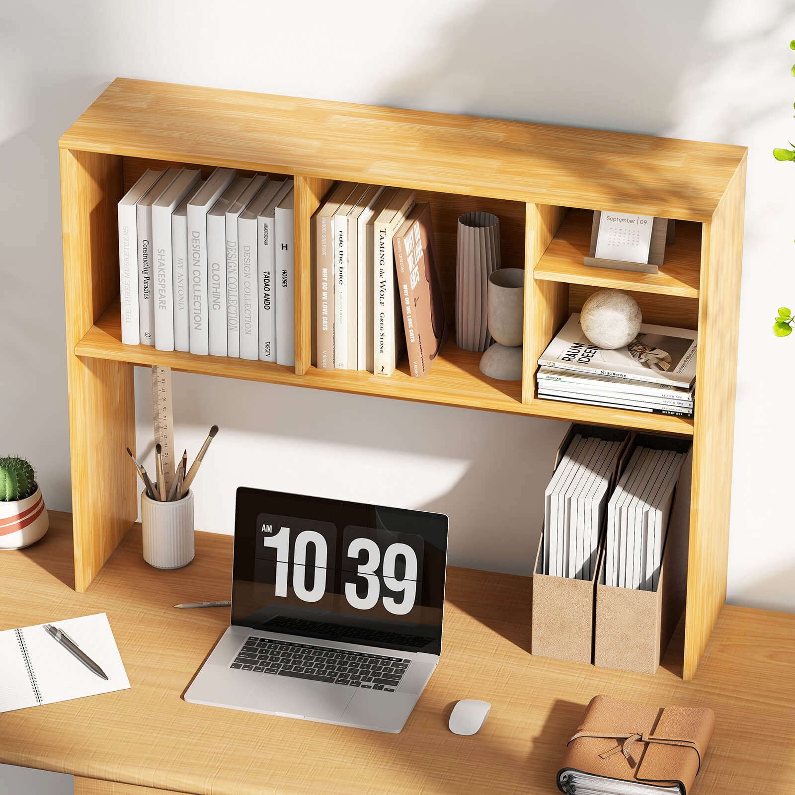 Costway Computer Desktop Bookcase Countertop Storage Bookshelf Organizer with 4 Cubbies Beige