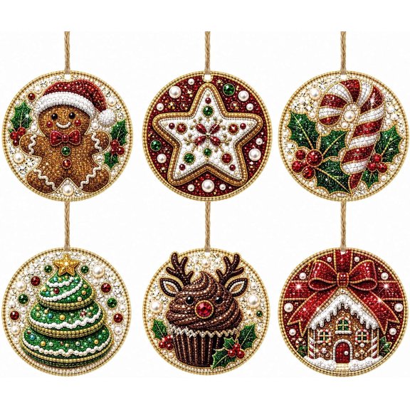 DIY Diamond Art Painting Christmas Wooden Ornaments Kit (Set of 6) - 3.15",Bakery