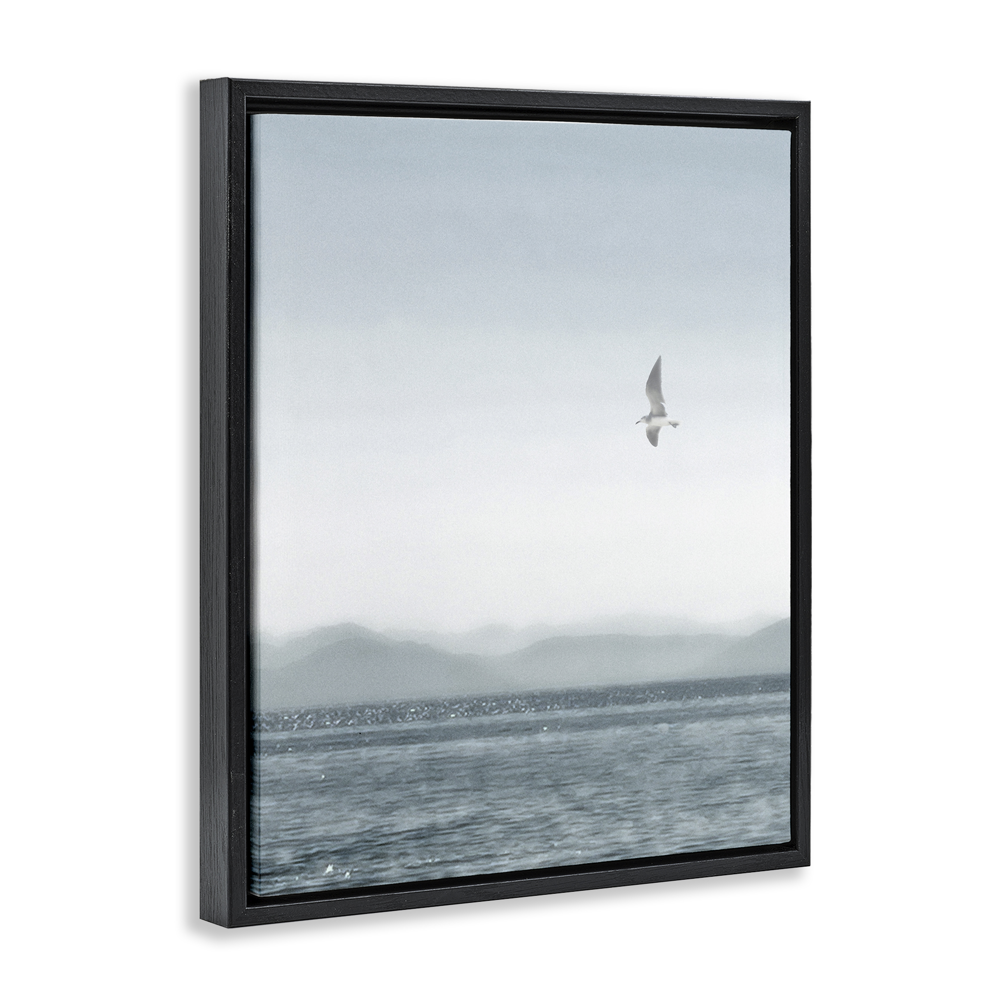 Stupell Industries Lone Gull over Sea Coastal Painting Black Floater Framed Canvas Art Print Wall Art, 17 x 21
