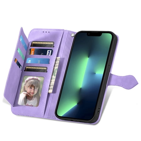 Dteck iPhone 11 pro Embossed Wallet Card Cash Slots zipper pocker PU Premium Leather Magnetic Flip Kickstand Shockproof Ultra-Slim Cover for iPhone 11 Pro 5.8 inch Purple