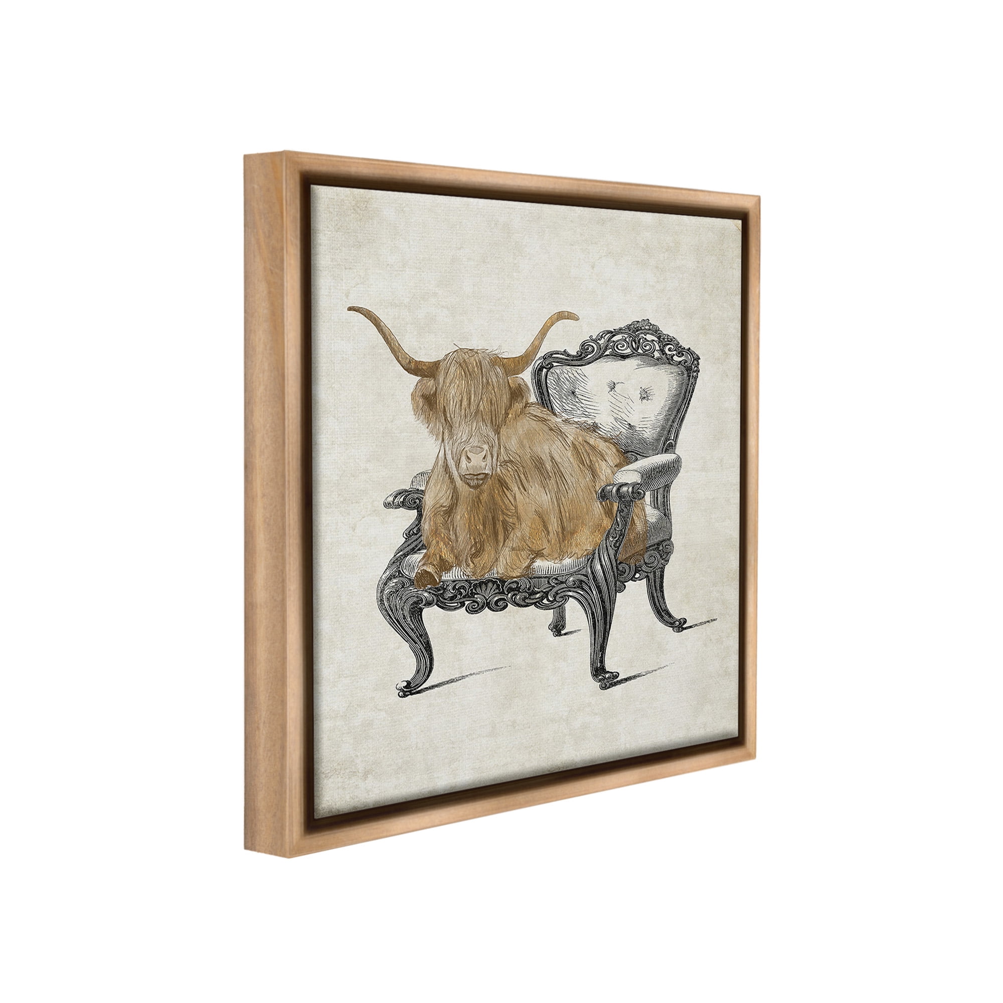 Stupell Industries Longhorn & Vintage Armchair Animals & Insects Painting Brown Floater Framed Canvas Art Print Wall Art, 18 x 18