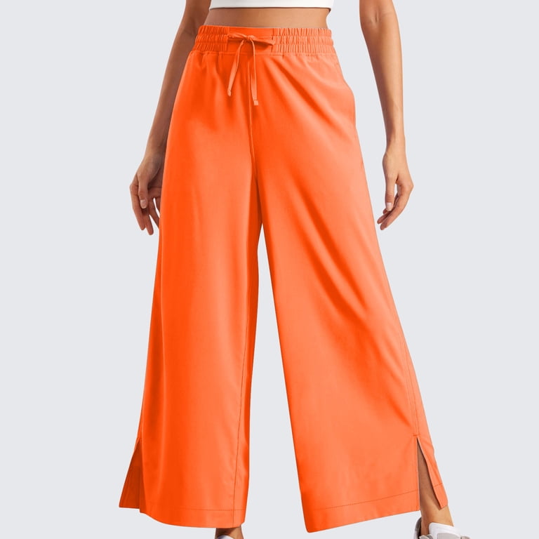 women's orange dress pants Qolati Womens Wide Leg Dress Pants Elastic High Waisted Palazzo Pants Business Casual Tie Knot Slit Flowy Work Trousers Orange L 8, Women's, Size: