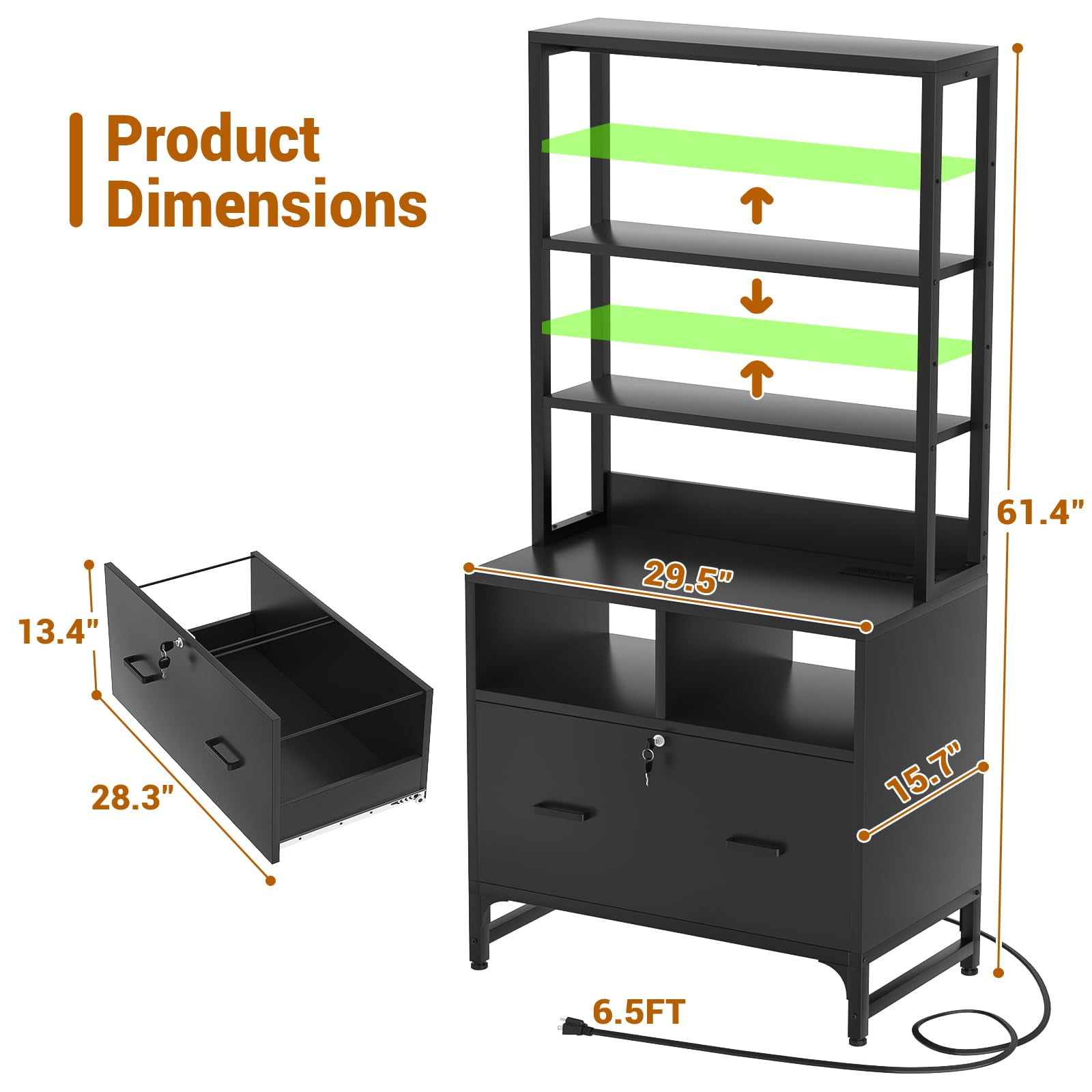 Aheaplus Vertical File Cabinet with Charging Station, Lock & Large Drawer - Printer Stand, Shelves for Letter/A4/Legal, Black