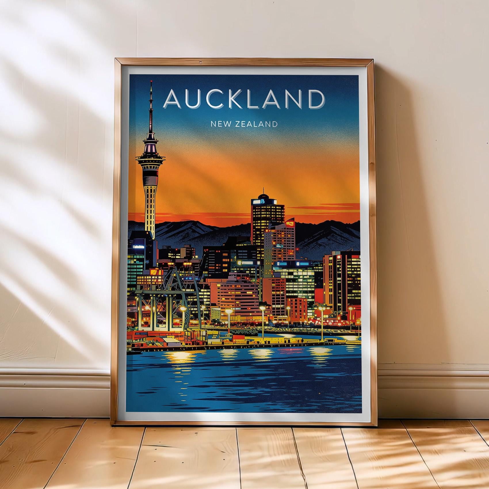 Auckland Travel Poster, New Zealand Poster, Auckland Retro Wall Art, Oceania Decor, Sky Tower Art, New , Poster Print Only