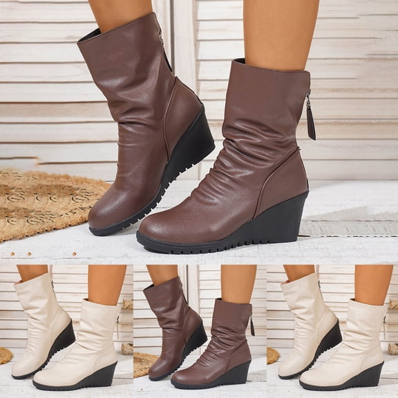 Womens Retro Slouchy Wedge Mid Calf Boots with Back Zipper Faux Leather Lightweight Non Slip Work Dressy Shoes