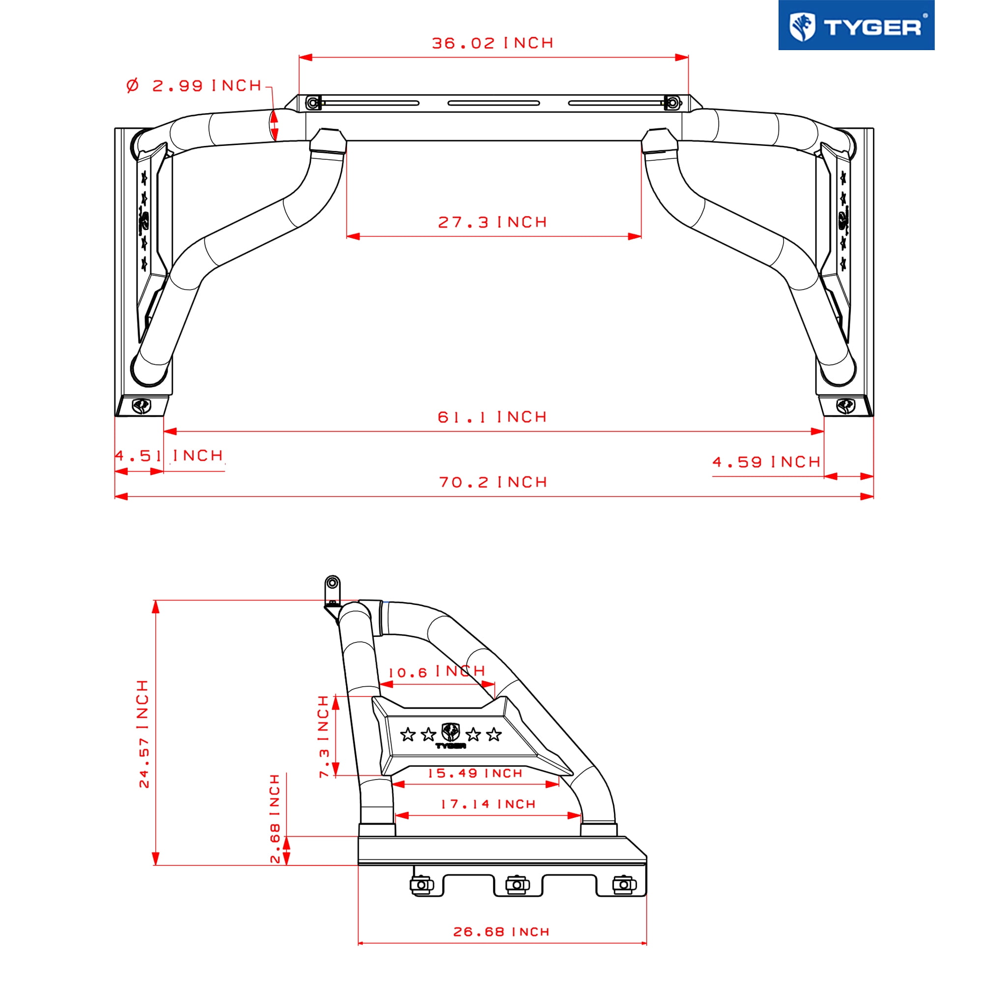 Tyger Auto Sport Bar Compatible with 2022-2026 Toyota Tundra (Not fit SR) | 5.5/6.5' Bed | TG-SB7T88728 | Textured Black | Light Mount | Roll Bar