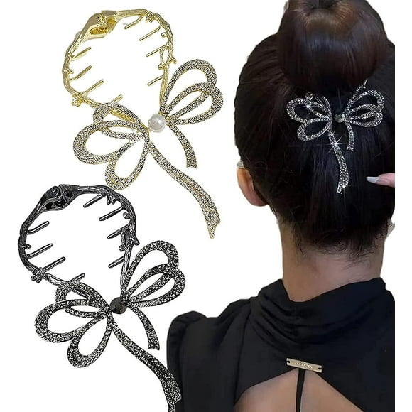 2 PCS Bow Light Luxury Premium Feeling Hairpin, Gold Hair Bow Clip, Bow Claw Clip, Ponytail Hair Clip Bow Hairpin, Gold Black Bow Hair Clip