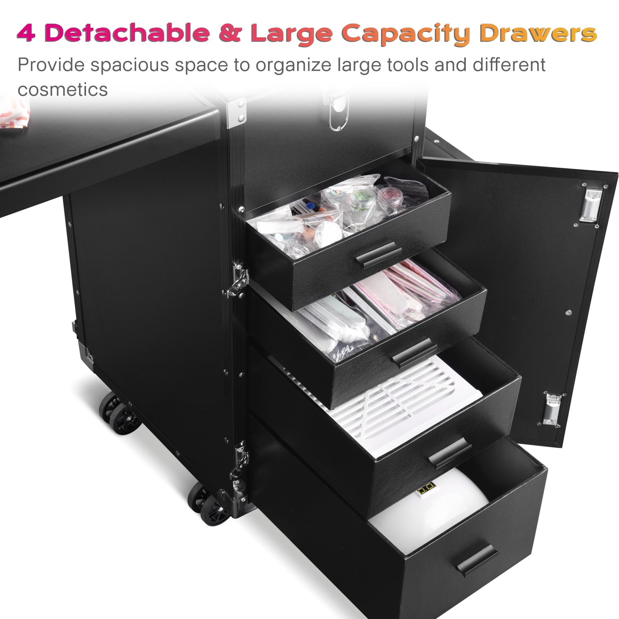 Byootique Rolling Makeup Train Case Patented Design Pedicure Nail Salon Nail Foldable Trolley Cosmetic Organizer Black with Stool