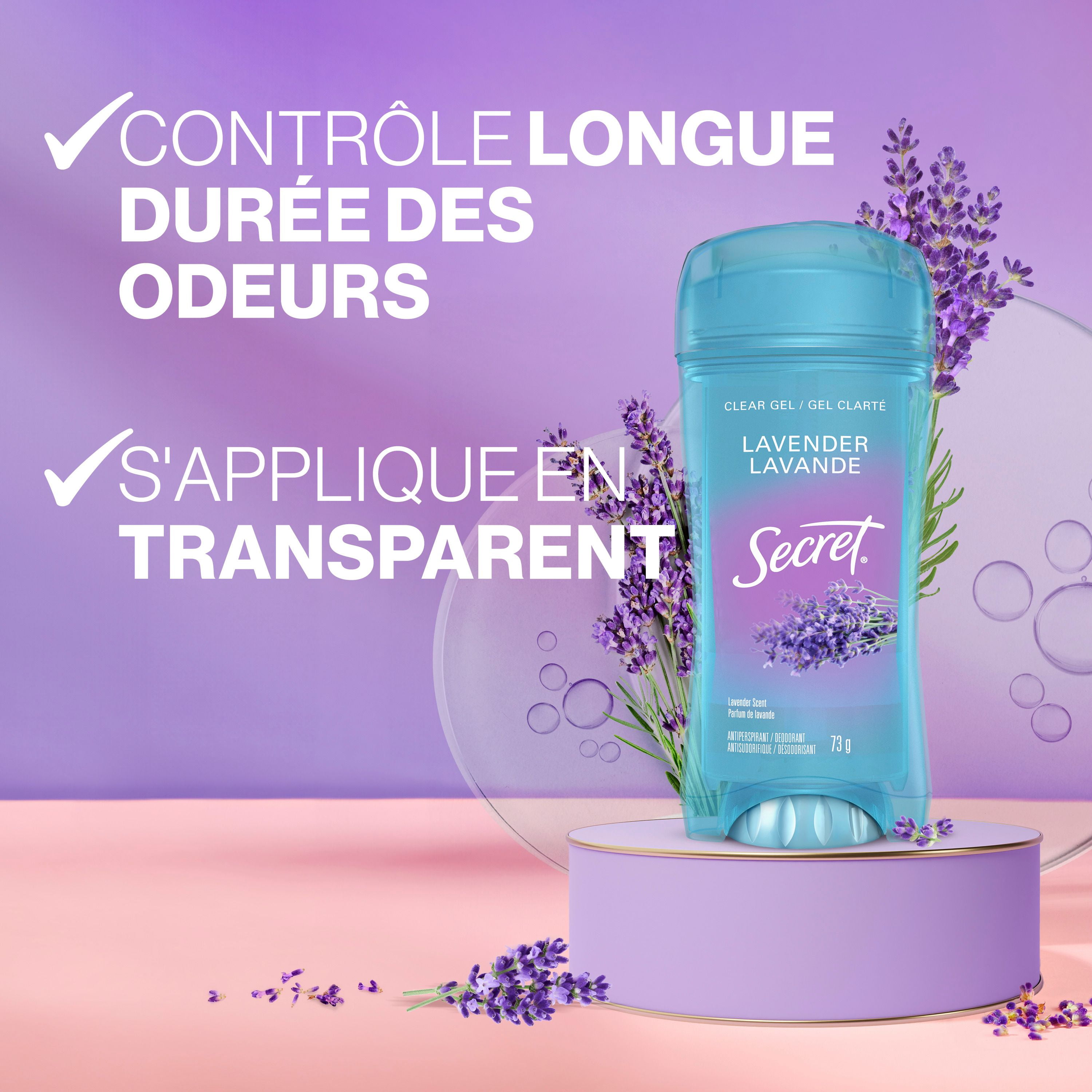 Antisudorifique et désodorisant gel clarté Secret, parfum Lavande, 73 grammes 73G