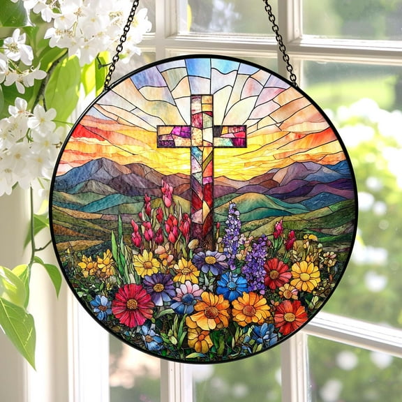 New Stained Glass Cross And Wildflowers Suncatcher Christian Glass Window Hanging Flower Cross Gift For Religious Easter Faith Cross Home Decor