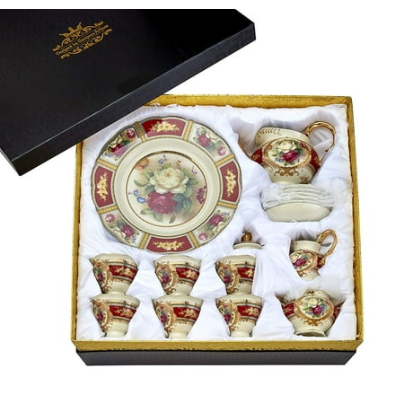 Hand Decorated Bone China - Euro Porcelain 24-pc. Vintage Tea Coffee Cup Dining Dessert Set, 24 kt Gold Plated Roses Decorated Antique Pictorial, Hand Painted Service for 6 Luxury Bone China Tableware (Red)