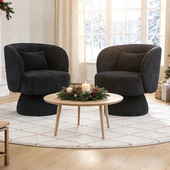 CRERIYO 360° Swivel Accent Chair Set of 2, Cloud Velvet Upholstered Barrel Seat with a Pillow, Round Lounge seating for Living Room, Black