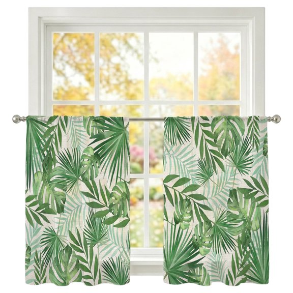 Tropical Plant Sheer Curtains 45 inches Long, Green Palm Leaves Watercolor Summer Vintage Light Filtering Sheer Window Curtains Rod Pocket Voile Drapes for Bedroom Living Room, 2 Panels