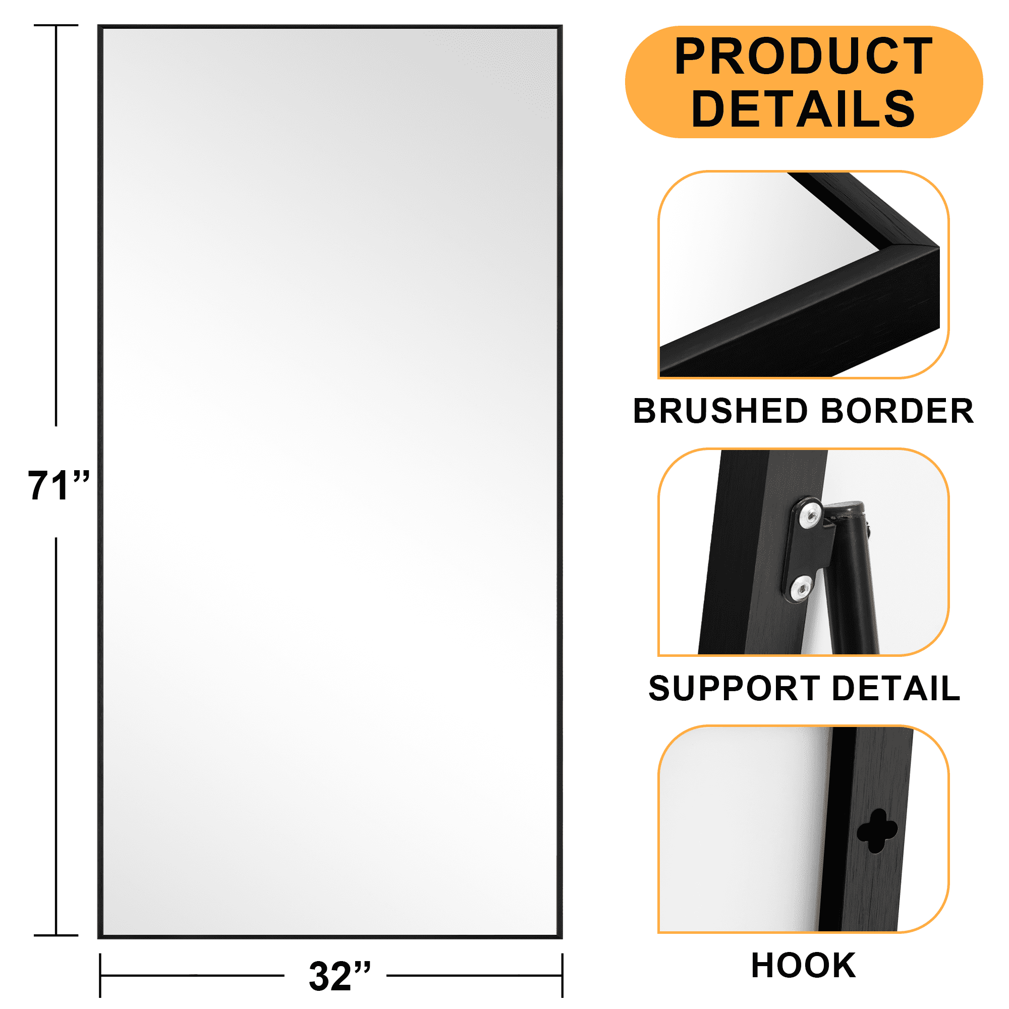 71x32 Modern Rectangle Aluminum Alloy Frame Full Length Mirror Floor Mirror with Stand,Black