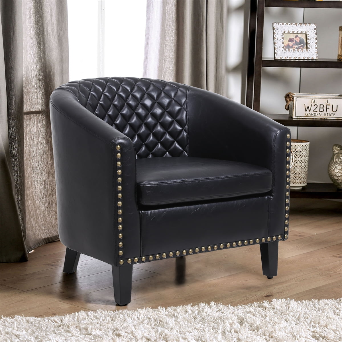 Modern Accent Barrel Chair Living Room Chair with Nailheads Trim and Solid Wood Legs,Upholstered PU Leather Armchair Mid-Century Leisure Lounge Chair Single Sofa Chair for Living Room Office,Black