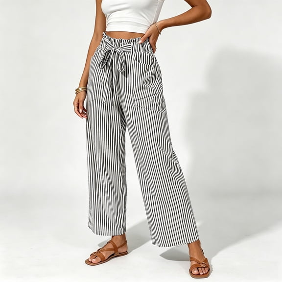 Karymi Jeans for Women Vertical Striped Long Wide Leg Pants, Ruffled Elastic Drawstring High Waist Trousers with Casual Patch Pocket Women's Clothing