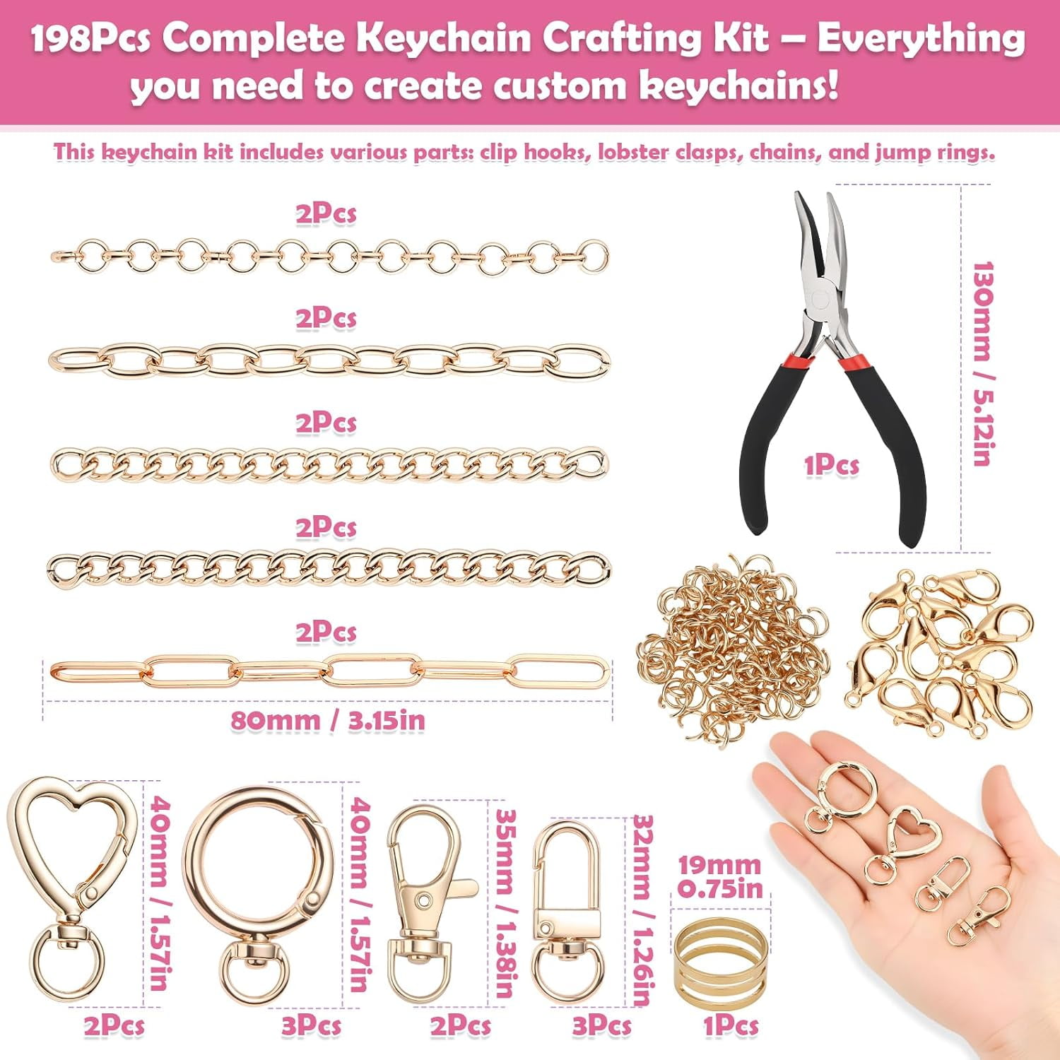 198Pcs Charms Lip Gloss Keychain Making Kit, DIY Craft Supplies with Charms, Key Chain Hooks, Jump Rings, Lobster Clasps, Chains & Tools, Jewelry Making Kit for Custom Keychains, Bags, Gifts