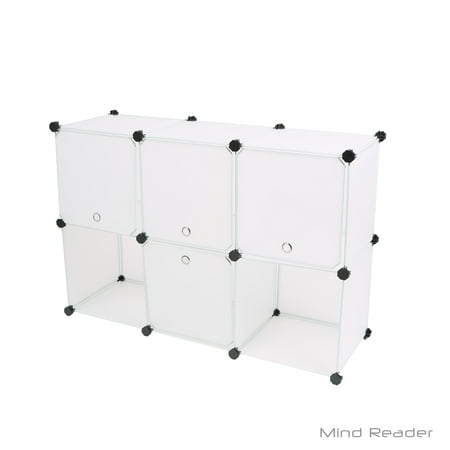 - Mind Reader Multi Purpose Storage Rack Bookcase, Shelves, Bins, 6 Storage Cubes, 6 Bins / Cubes with Doors, White