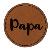 Papa Cursive Text Dad Father 2.5" Faux Leather Round Engraved Iron-On Patch - Brown