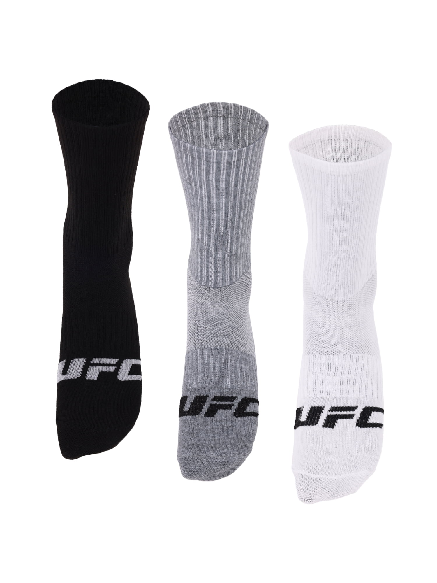UFC 20 Pair Men's Lightweight Crew Socks with Toe Logo, Blk/Wht/Grey