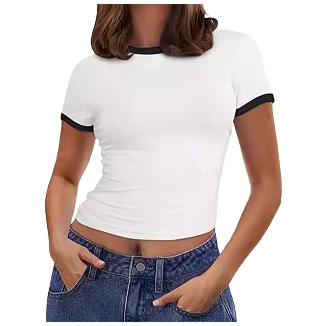 TSADFHJI Hauts pour Femmes Tendance 2024 Manches Longues Été Manches Courtes Col Rond Rayé Ajusté Basique L Blanc