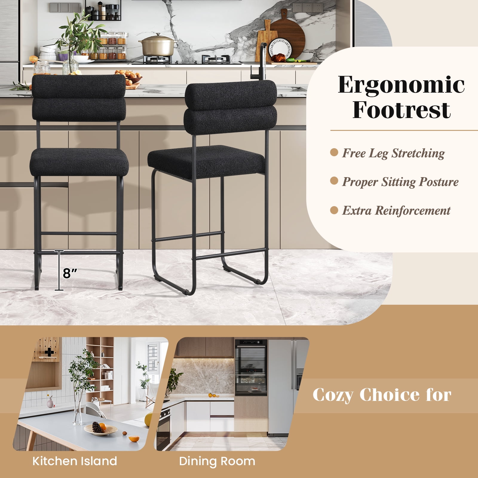 Gymax Set of 2 Counter Height Bar Stools 26'' Counter Stools w/ Metal Frame & Footrest Black