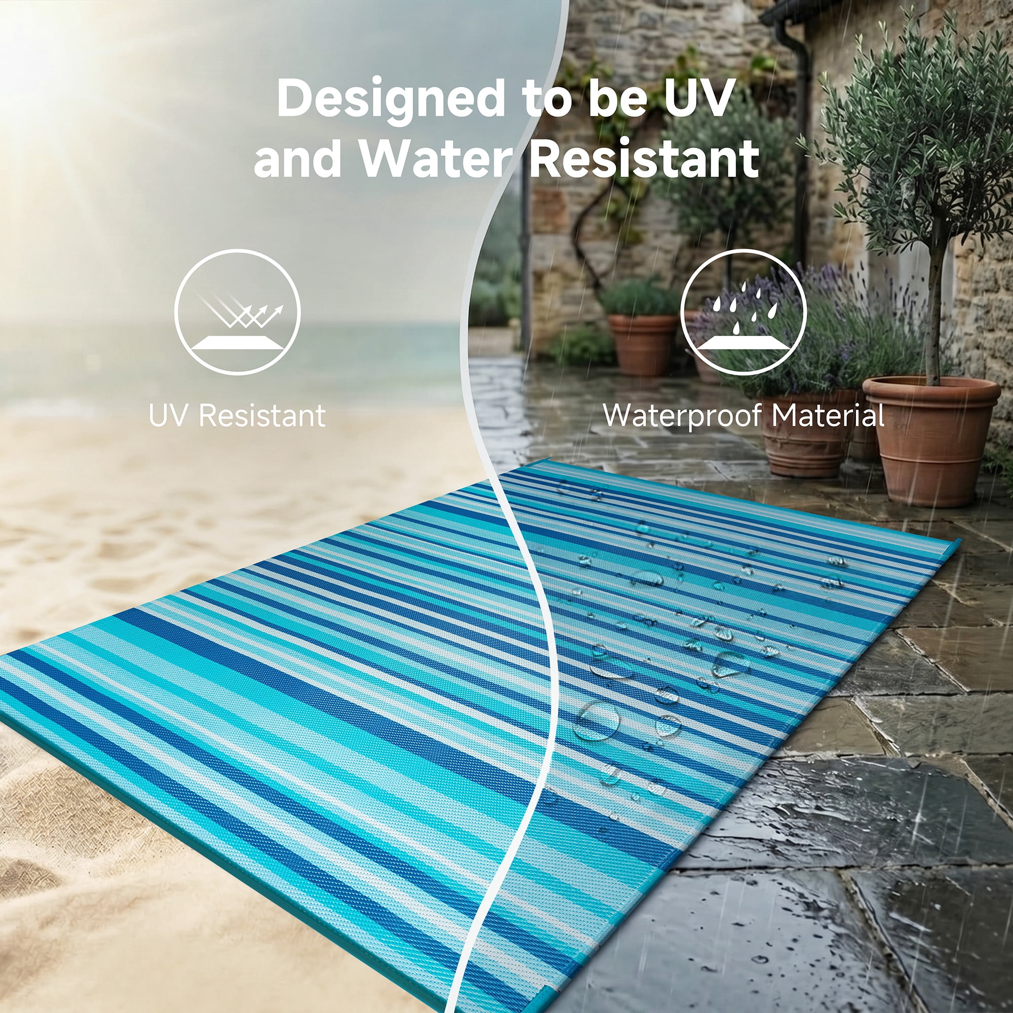BERTHMEER 5'x8' Striped Outdoor Plastic Straw Rugs on Clearance Waterproof Patio Camping Porch RV Deck Pool Rugs, Blue