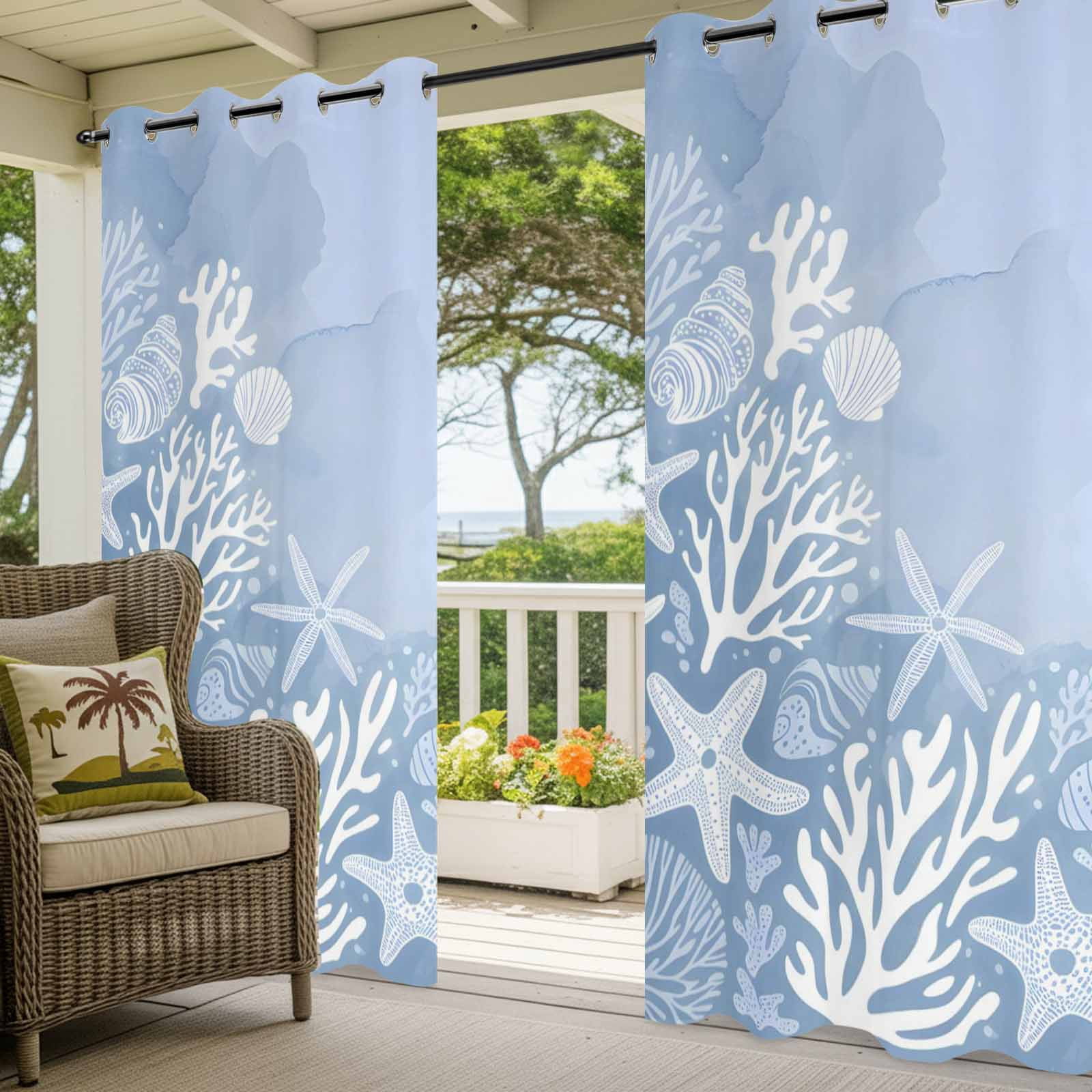 Ocean Coral Outdoor Curtains for Patio, Summer Sea Star Coral Shell Purple Sunshade Privacy Drapes Grommet Waterproof Outside Curtains for Porch/Cabana/Balcony 54"x 108", 1 Panel