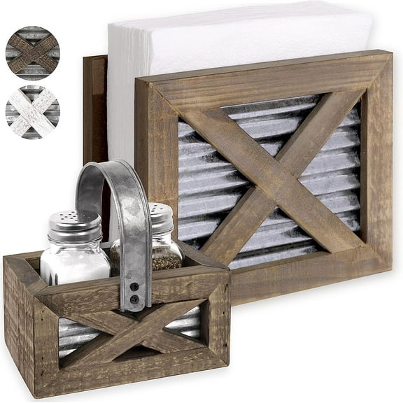 Autumn Alley Farmhouse Napkin Holder and Adorable Farmhouse Salt and Pepper Shakers Set With Wood Holder - Barn Door Motif, Galvanized Metal - Upright Rustic Napkin Holder Rustic Kitchen Dcor (Brown)
