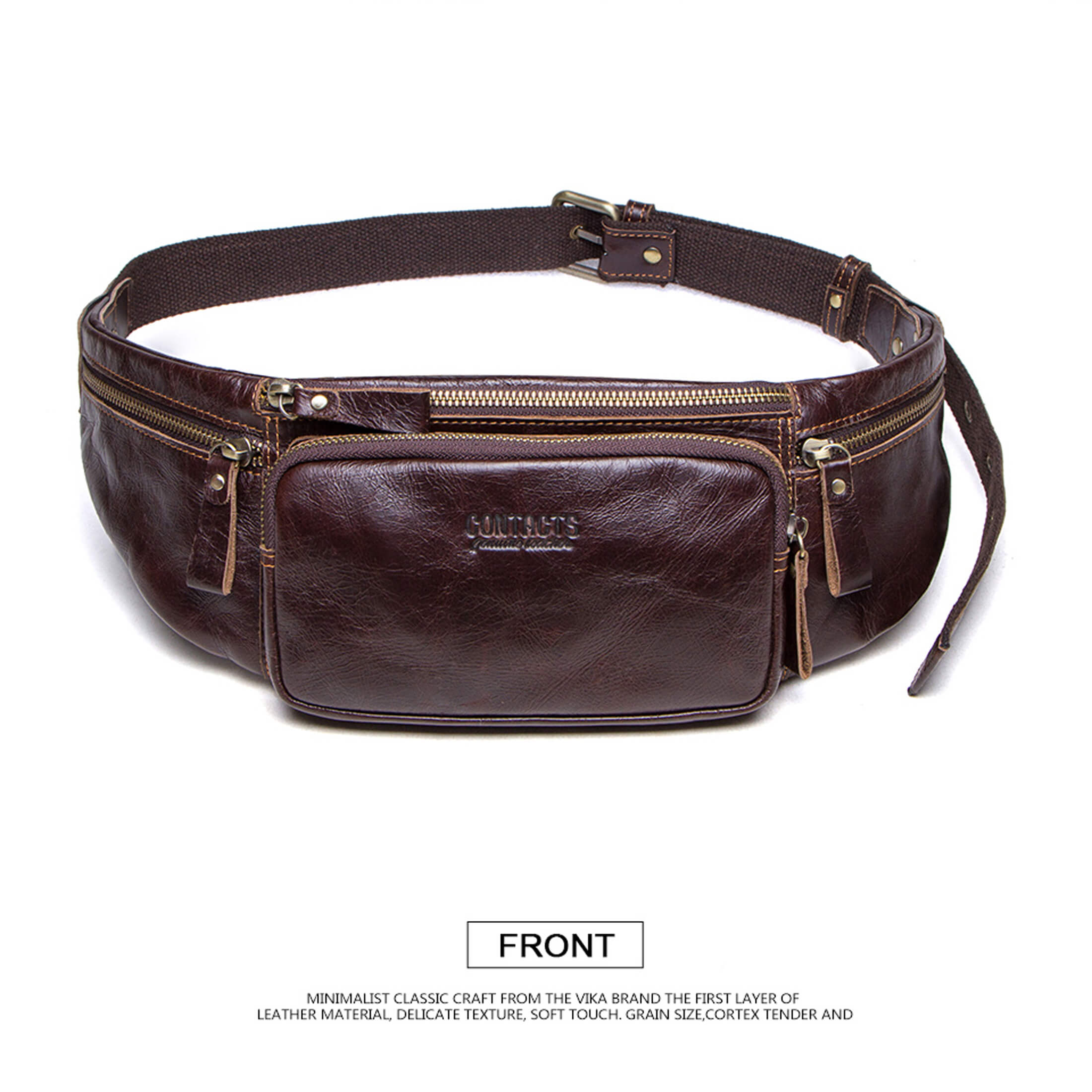 Contact's Genuine Leather Slim Waist Pack for Man & Woman, Vintage Design & 4 Zipper Pockets & Adjustable Strap, Handmade, Large Capacity Fanny Pack Crossbody Belt Bag for Travel or Ride, Coffee