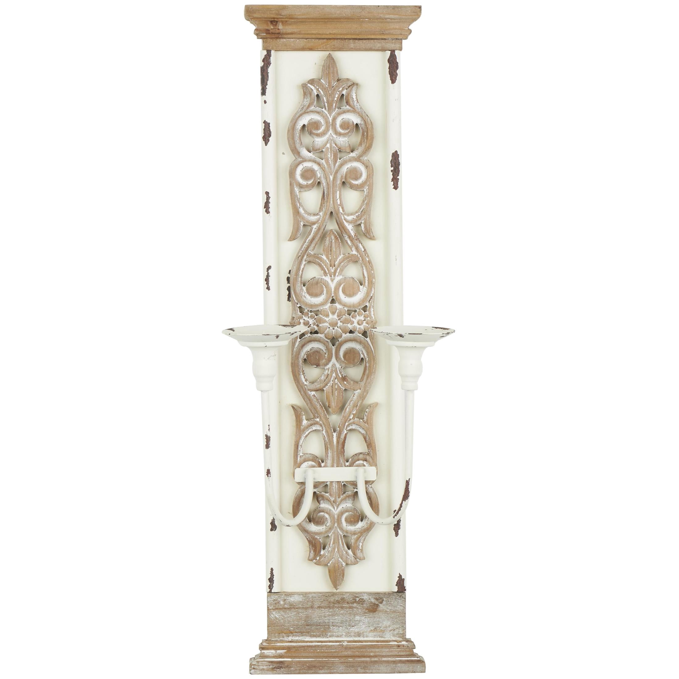 DecMode 2 Holder Brown Wood Scroll Pillar Wall Sconce
