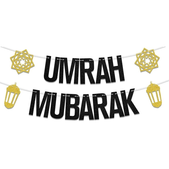 Umrah Mubarak Banner, Eid Party Decorations, Gold Black, 3.0x5.0 inches
