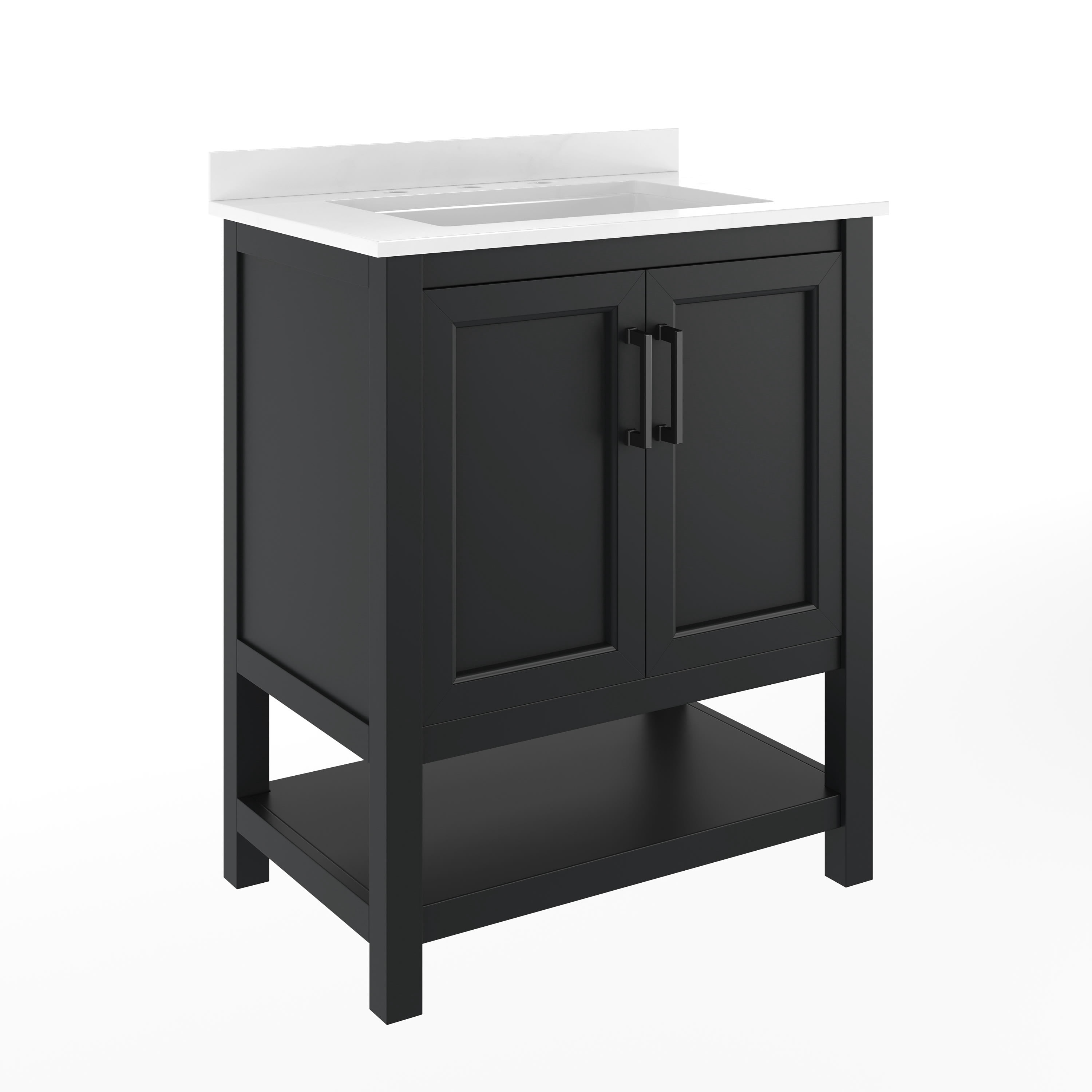 Merrick Lane 30 Inch Bathroom Vanity with Ceramic Sink, Carrara Marble Finish Countertop, Storage Cabinet with Soft Close Doors and Open Shelf in Black/Black