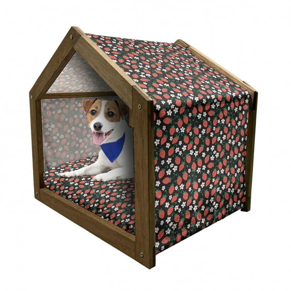 Strawberry Pet House, Fresh Summer Fruits Blooming Daisies Pattern on Dark Backdrop, Outdoor & Indoor Portable Dog Kennel with Pillow and Cover, 5 Sizes, Jade Green Scarlet, by Ambesonne