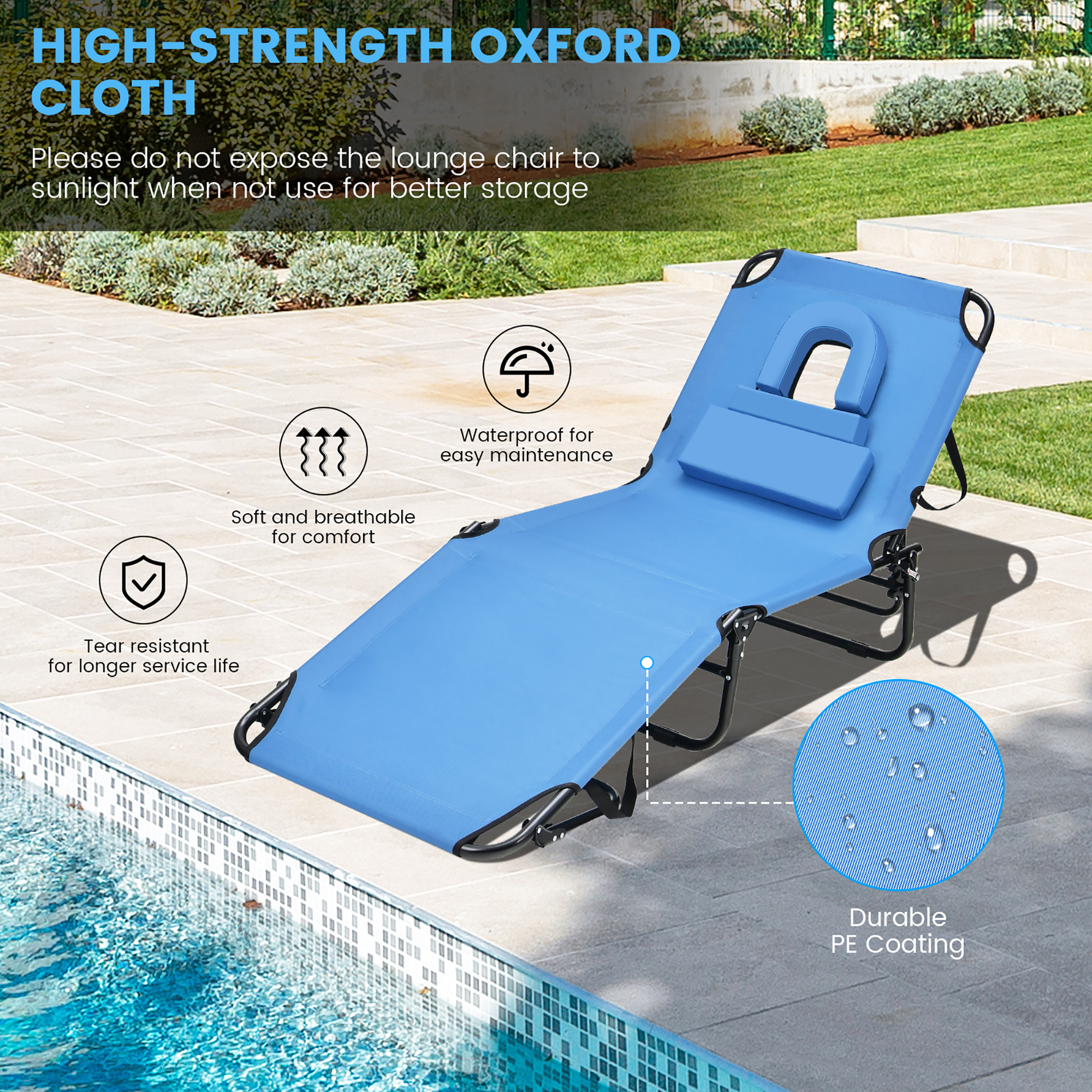 Costway 2 PCS Beach Chaise Lounge Chair with Face Hole Pillows & Adjustable Backrest Blue - image 4 of 10