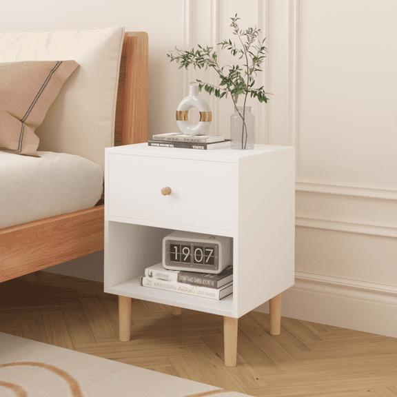 Knubmt Wooden Nightstand with 1 Open Shelf, 1 Drawer Beside Table for Living Room, Bedroom, White