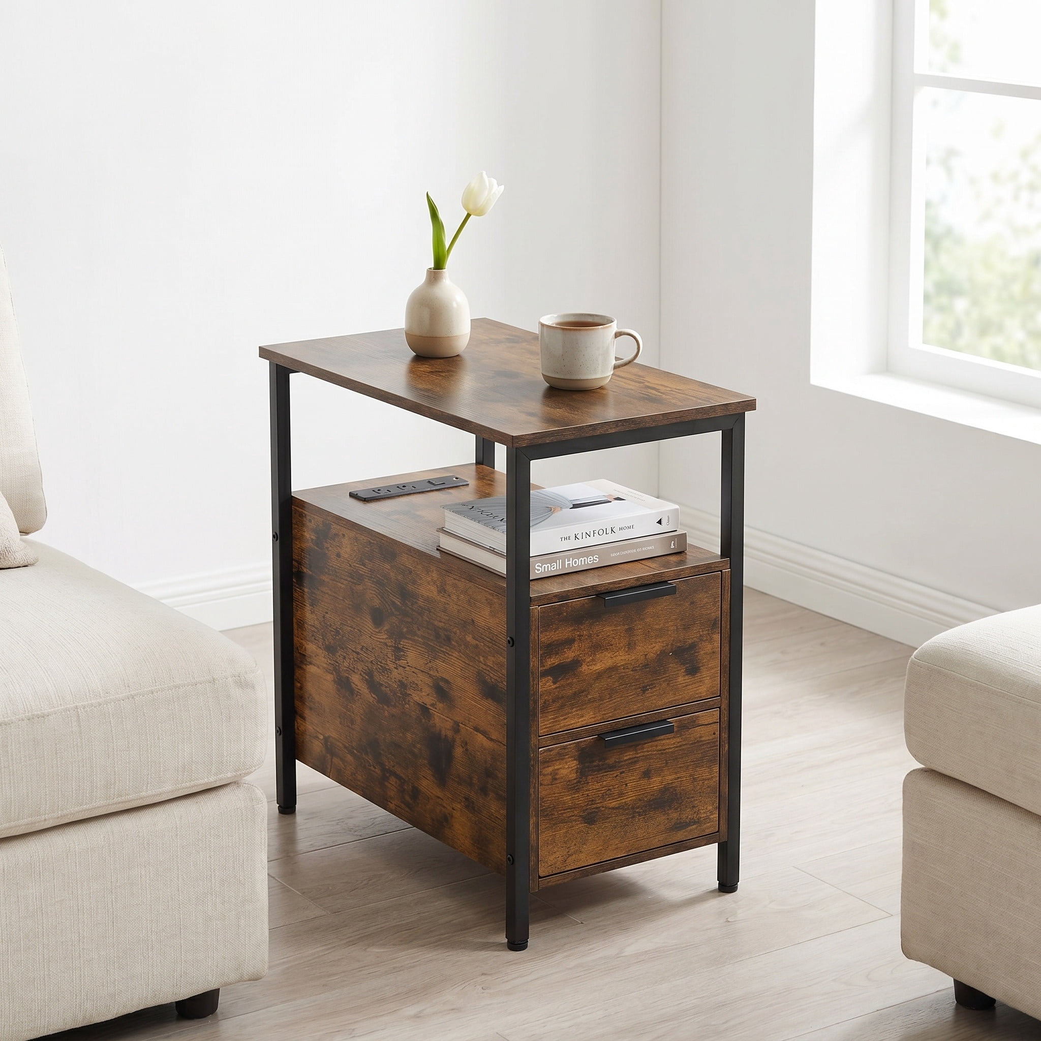 Nordic Hygge Slim Side Table with Charging Station and 2 Storage Drawers, Rustic Brown/Ink Black