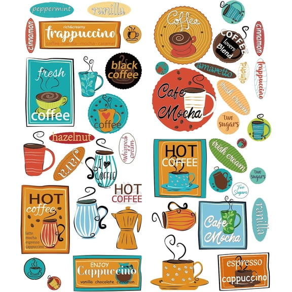 2Sheets Coffee Theme Wall Stickers Removable Vinyl Peel and Stick Wall Decalsr for Cafe Bakery Coffeehouse Book Shop Lounge Kitchen Coffee Corner Wall Decoration Indoor Wall Art Decor