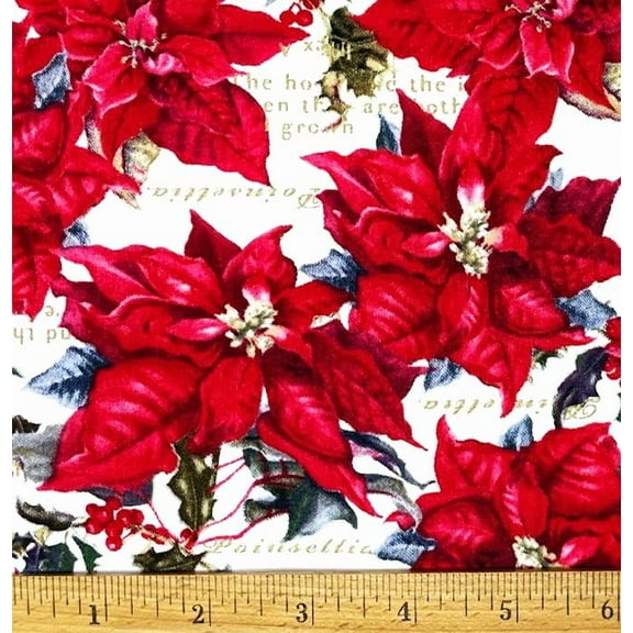 1/2 Yard - Christmas Poinsettia Holly Leaf & Berry on Cream Cotton Fabric (Great for Quilting, Sewing, Craft Projects, Throw Pillows & More) 1/2 Yard X 44" Wide