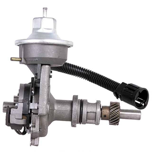 distribuidor remanufacturado cardone ranger 1983 al 1984 ford l4 2.3l Remanufacturado, vista lateral centrada del distribuidor CARDONE para Ford Ranger 1983-84 L4 2.3L; cuerpo metálico con eje y piñón helicoidal visibles, tapa con toma de vacío, arnés corrugado y conector eléctrico negro, pieza única lista para montaje en motor. A menudo usado como reemplazo directo en sistemas de encendido.