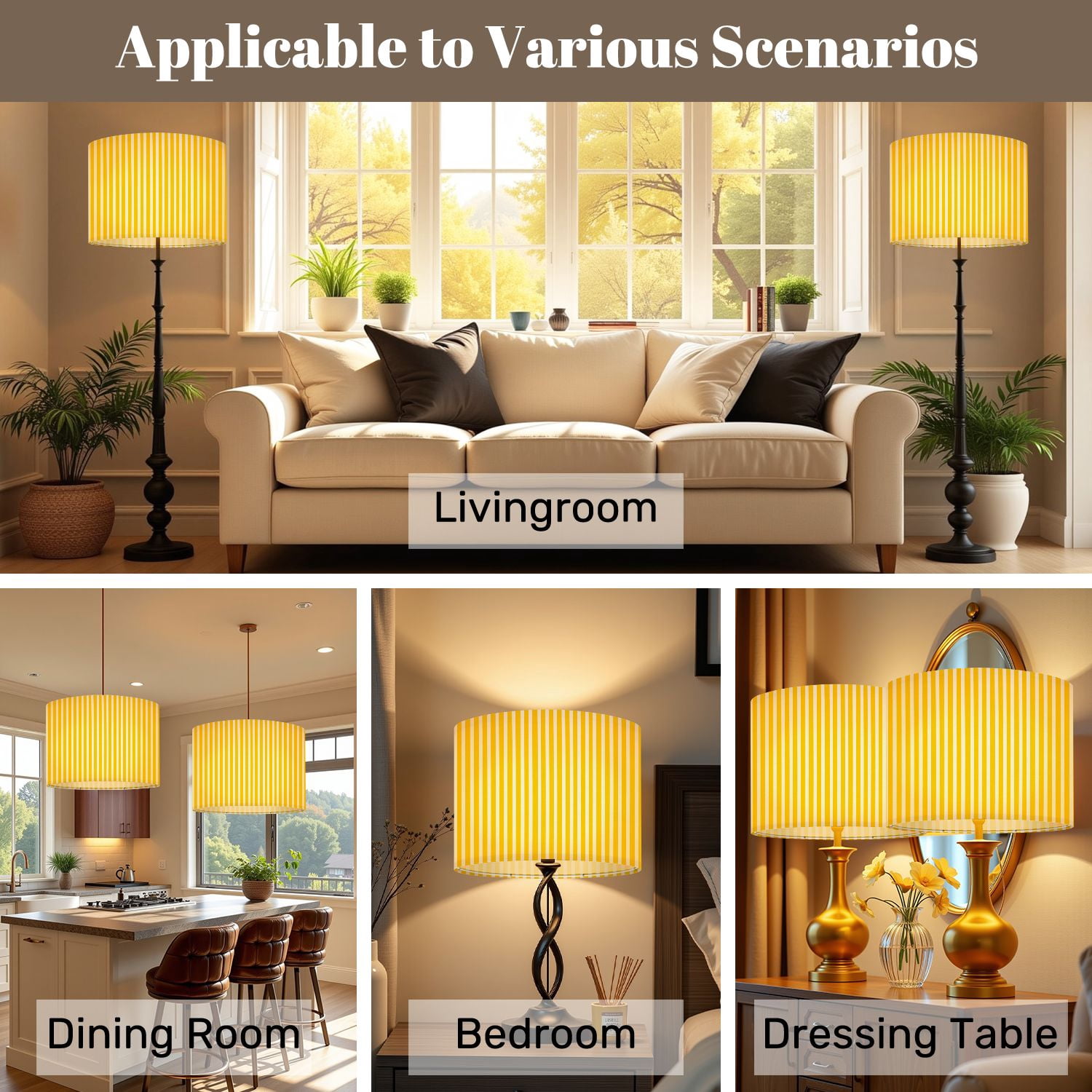 Lampshades 2 Pack Bright Yellow Vertical Stripes Design Spring Decor 13"x13"x10" Light Shade for Table Lamps Floor Lamp Shades Lampshade Replacement Easy Assembly
