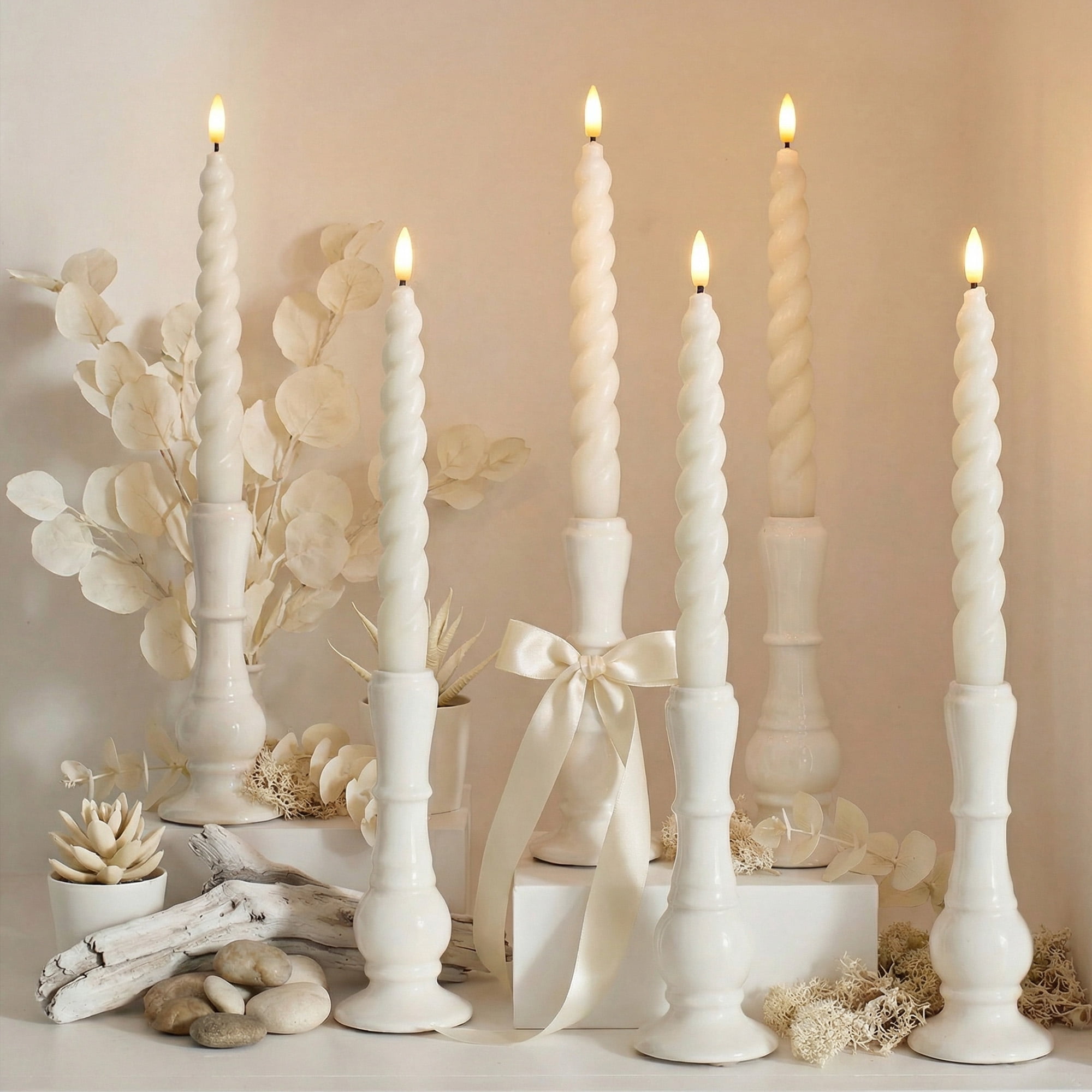 WYZworks 10" Flameless LED Taper Candles – Full Twisted Spiral – Ivory, Set of 6 – Remote, 2/4/6/8-Hr Timer (24-hr Memory), Bottom On/Off Button, Dimmable, Battery Operated, Flicker/Steady