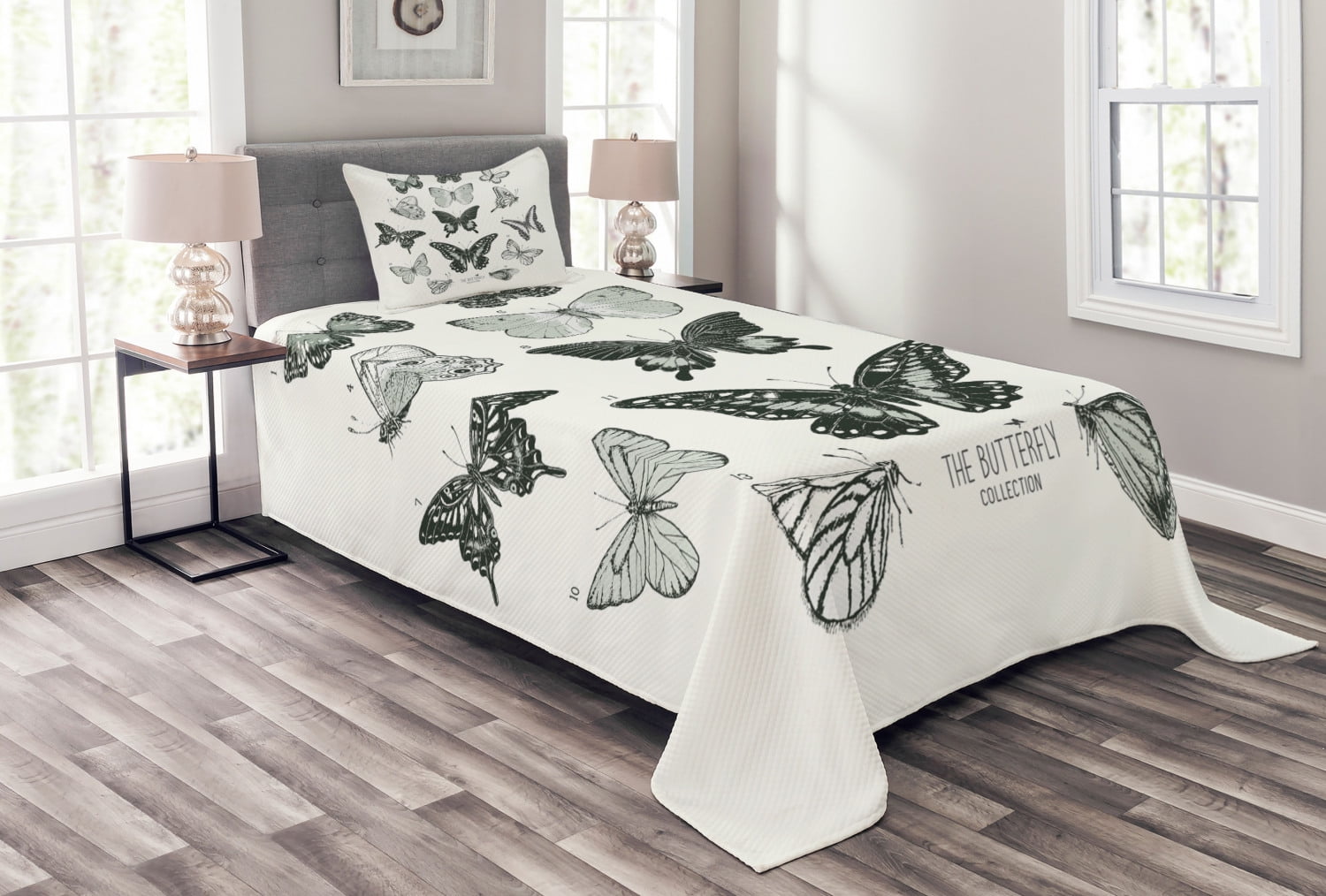 Butterfly Bedspread Set, Spring Arrangement of Hand Drawn Butterflies