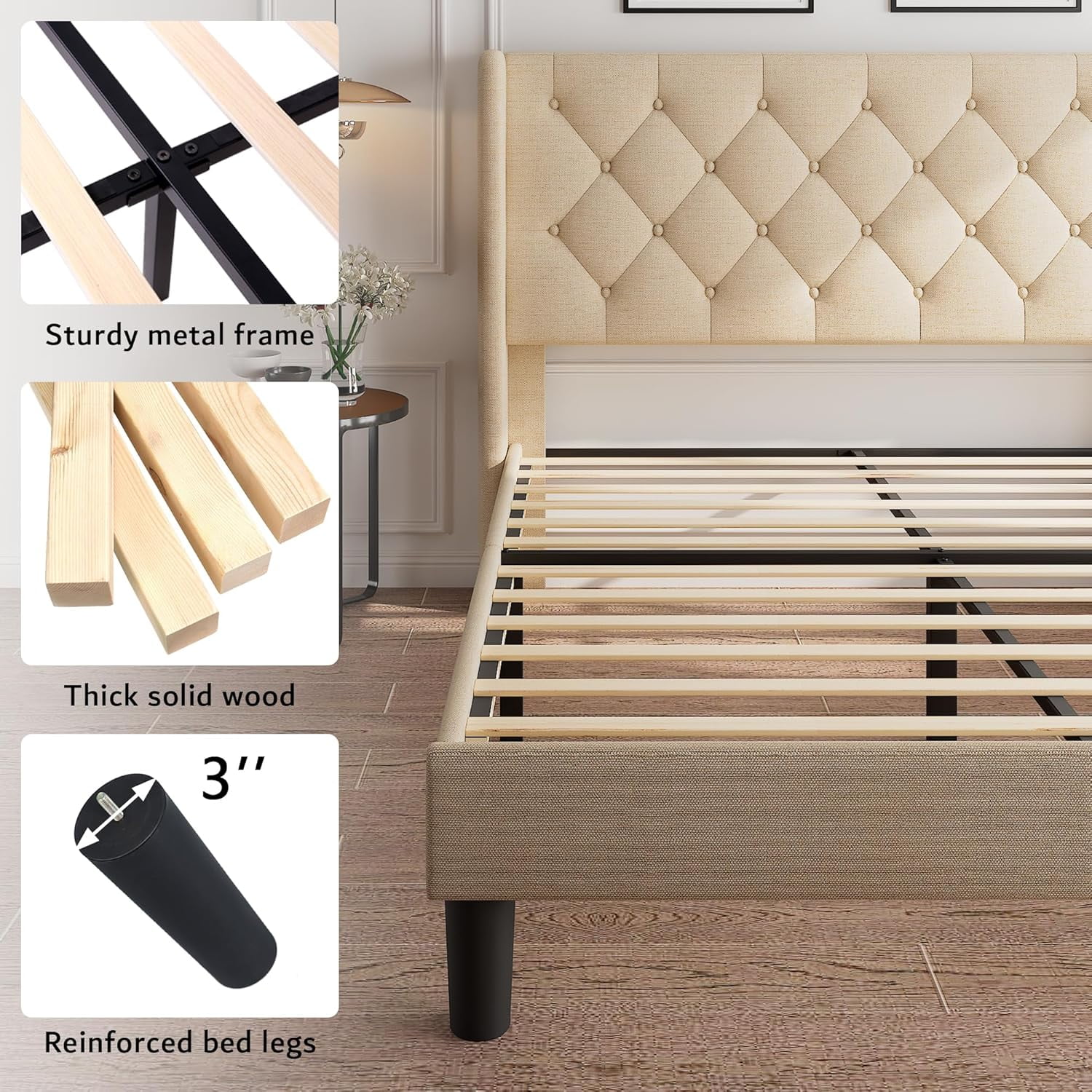 iPormis Full Size Bed Frame with Diamond Button Tufted Wingback Headboard, Upholstered Platform Bed Frame with Strong Wood Slat Support, No Box Spring Needed,Beige