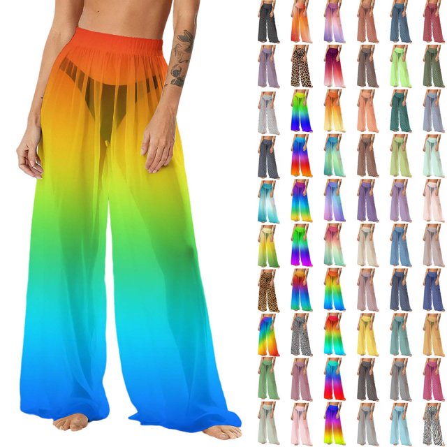 Pincandy Women's Cover Up Pants Sheer Sarong Coverups Summer Boho Beach Pant Elastic Waist Palazzo Cover Up Pants
