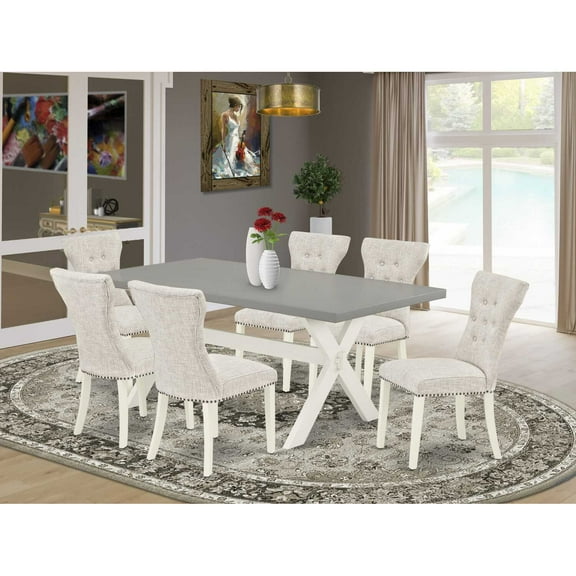 East West Furniture 7-Piece Kitchen Dining Set- 6 Dining Padded Chairs with Doeskin Linen Fabric Seat and Button Tufted Chair Back - Rectangular Table Top & Wooden Cross Legs - Cement and Linen White